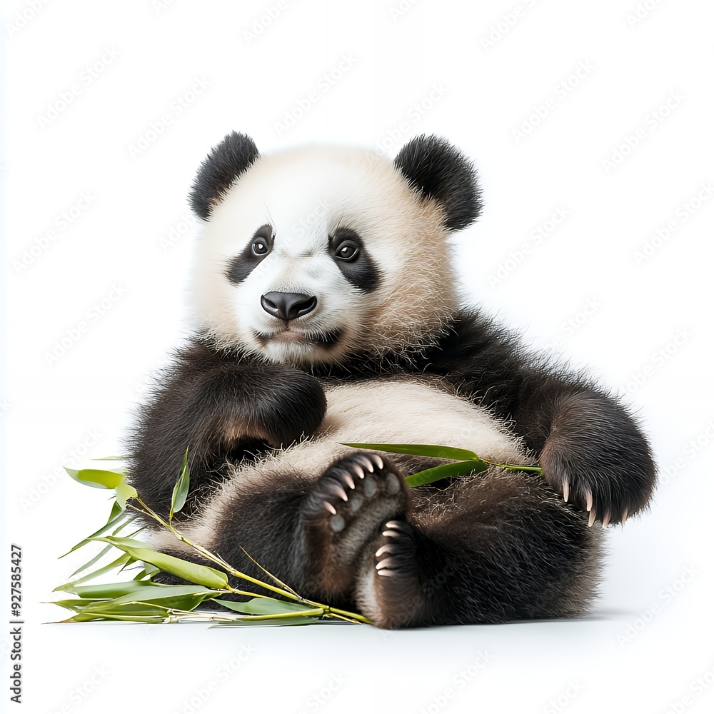 Naklejka premium A cute baby panda sits on a white background with a bamboo branch.