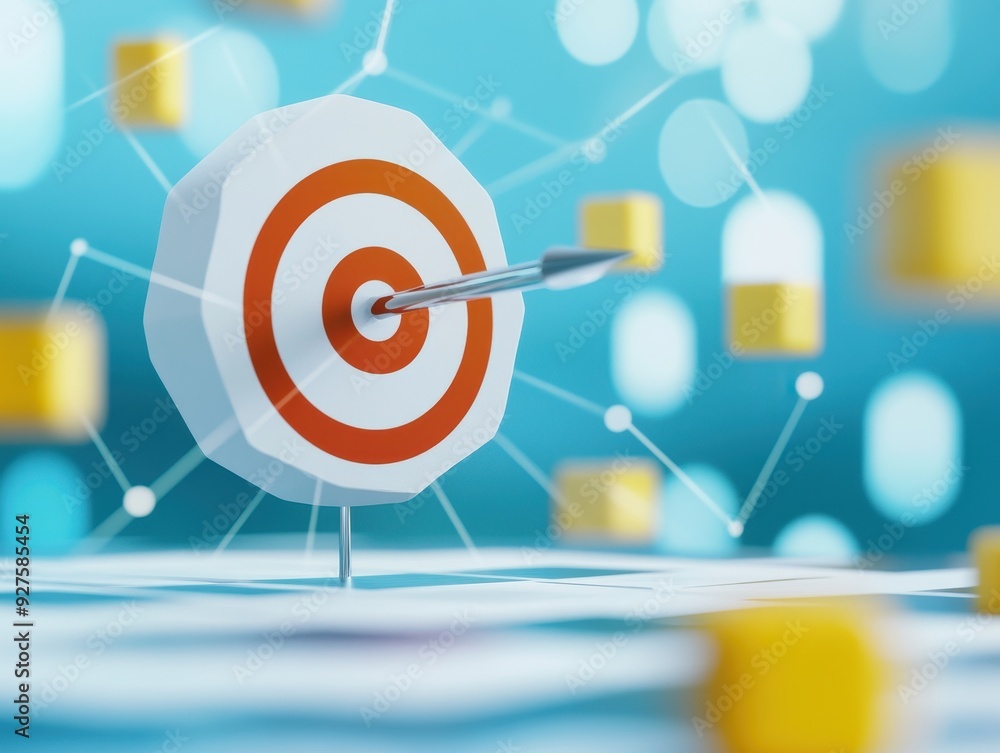 Close-up of a dart hitting the center of a target with abstract shapes and a blue background, symbolizing precision and goal achievement. Close-up of a dart hitting the center of a target with abstract shapes and a blue background, symbolizing precision and goal achievement.