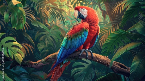 Wallpaper Mural In the lush depths of the tropical jungle, a majestic macaw perches proudly amidst a canopy of vibrant foliage Torontodigital.ca