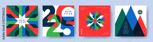Merry Christmas and Happy New Year Set of backgrounds, greeting cards, posters, holiday covers. Design templates with typography, season wishes in modern minimalist style for web, social media, print