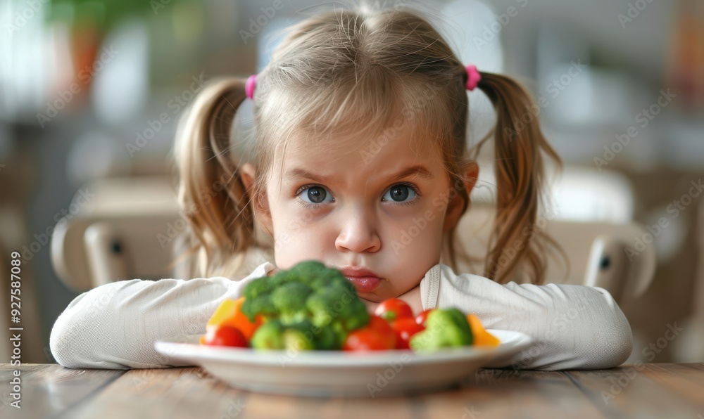 Sad child with curly hair pouting at a plate of uneaten vegetables. Sad child with curly hair pouting at a plate of uneaten vegetables.
