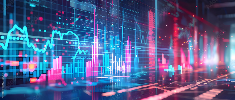 Vibrant digital display showcasing financial data analysis with dynamic graphs, charts, and statistics in a high-tech environment. Vibrant digital display showcasing financial data analysis with dynamic graphs, charts, and statistics in a high-tech environment.