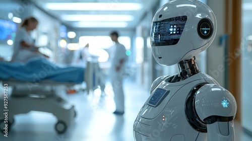 A robotic nurse assisting in patient care in a futuristic hospital room. The AI-powered robot administers medication and monitors the patient recovery progress while the medical staff supervises. The photo