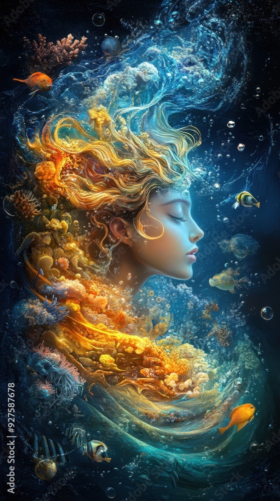 A sea goddess emerging from the waves, surrounded by sea creatures and coral A sea goddess emerging from the waves, surrounded by sea creatures and coral