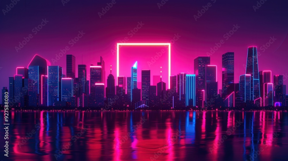 Fototapeta premium Futuristic urban landscape, vibrant neon lights illuminating sleek skyscrapers, advanced architecture blending technology and modernity in a bustling metropolis