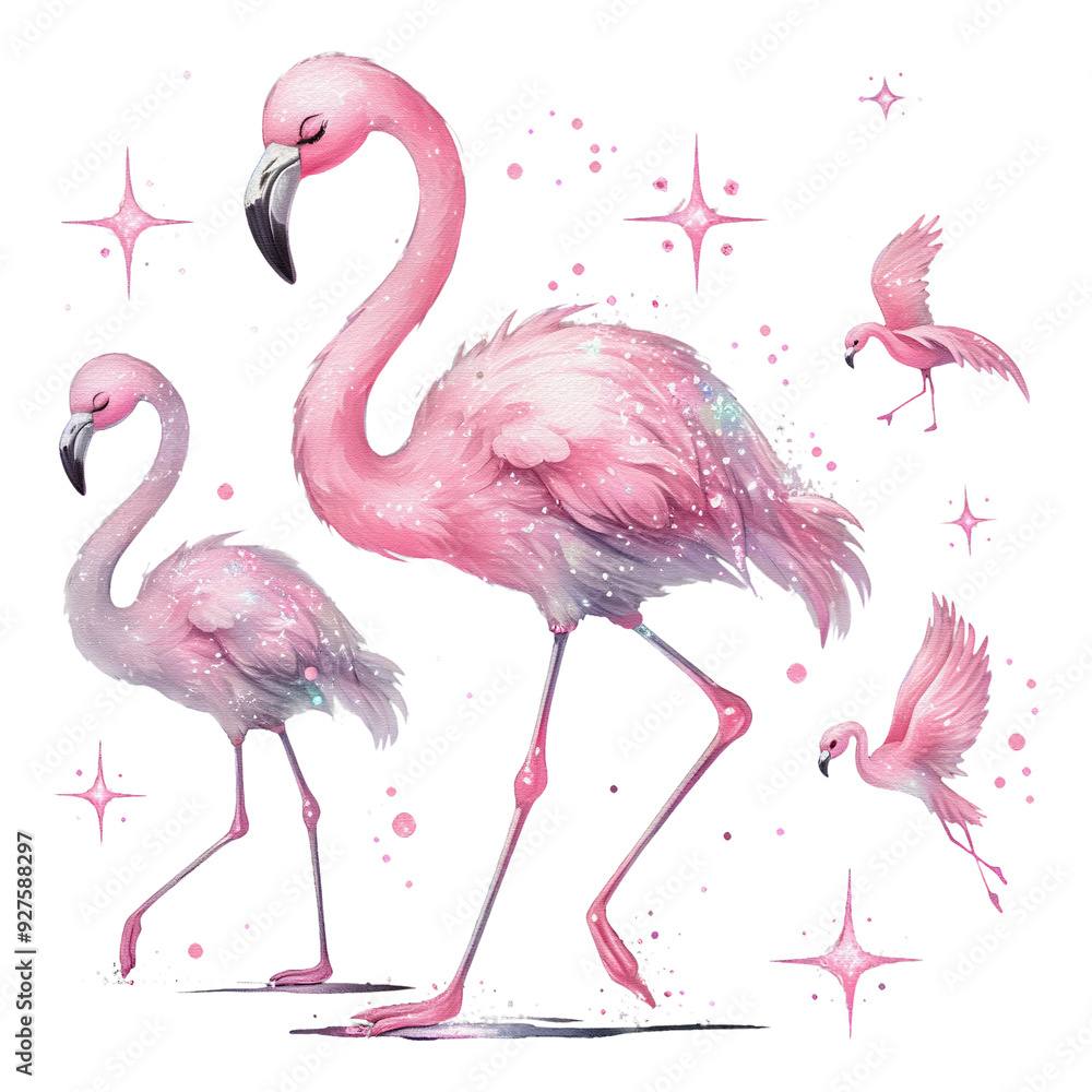 Naklejka premium Flamingo with pink glitter shiny clipart transparent background