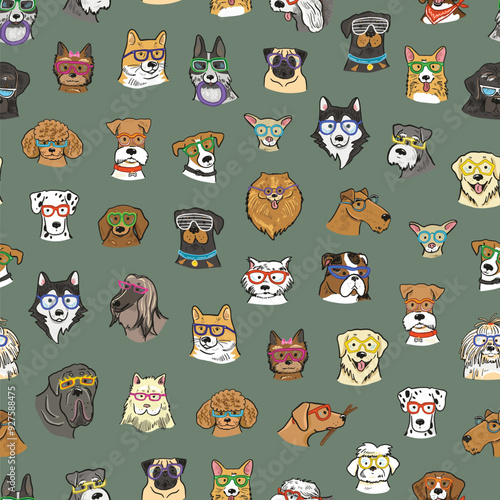 Seamless pattern with cute dogs. Vector illustration. Cartoon style.