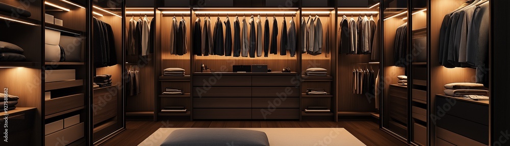 A modern and luxurious walk-in closet with a minimalist design. A modern and luxurious walk-in closet with a minimalist design.