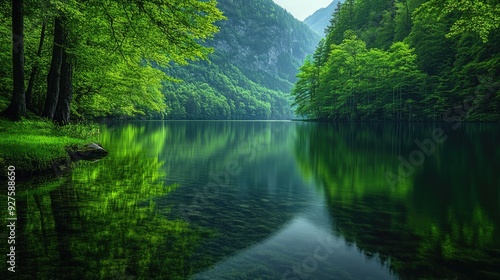 Serene Reflection of Green Forest on Still Lake