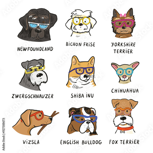 Set of dogs with glasses. Vector illustration on a white background. photo