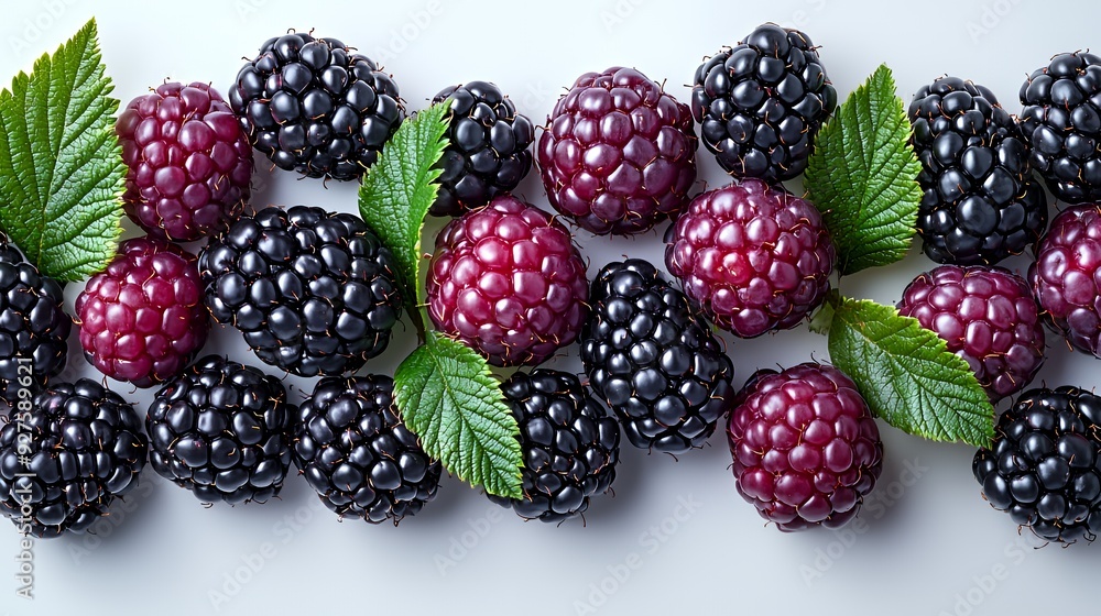 A close-up of ripe blackberries and red raspberries with green leaves on a white background. A close-up of ripe blackberries and red raspberries with green leaves on a white background.