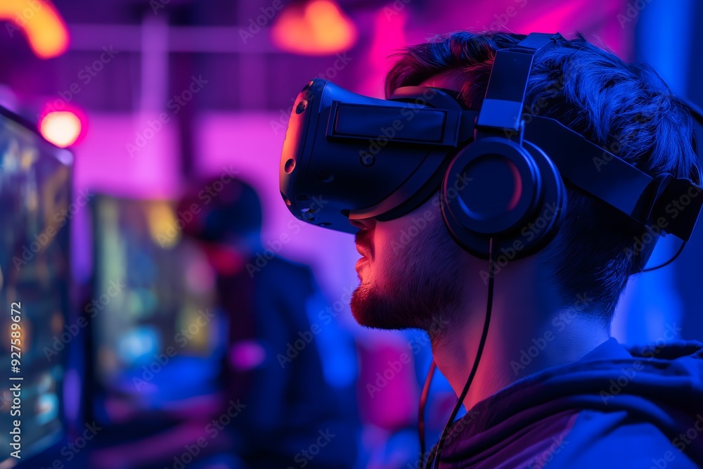 Man Immersed in VR Gaming Experience Man Immersed in VR Gaming Experience
