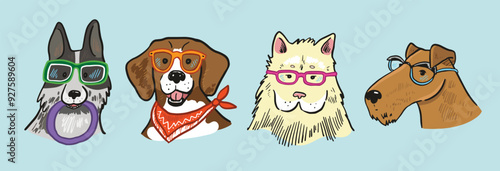 Set of dogs with glasses. Vector illustration on a white background.