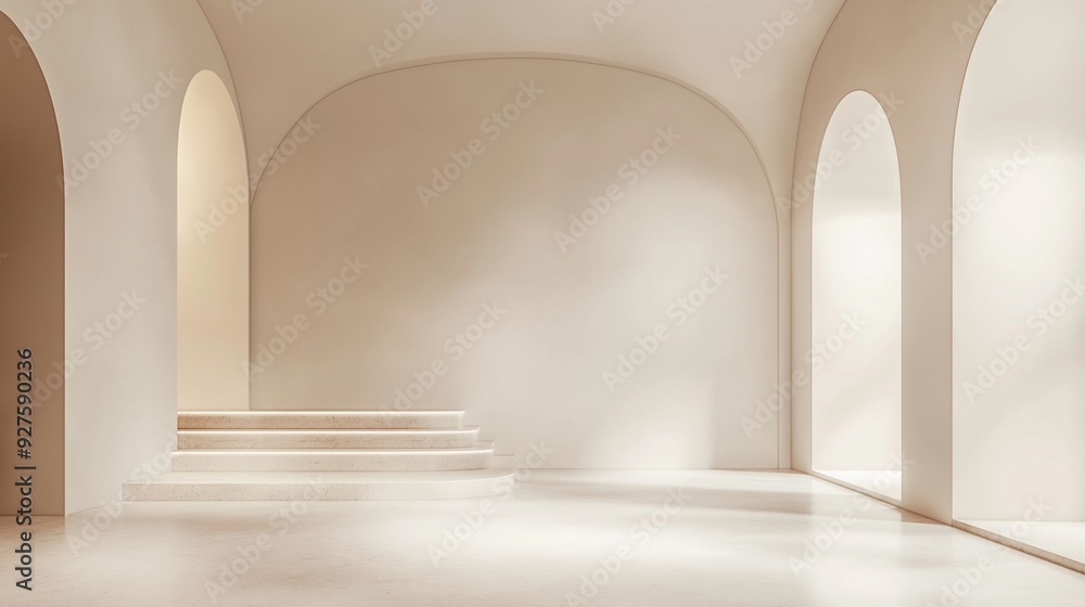An arched hallway with a minimalist aesthetic. An arched hallway with a minimalist aesthetic.
