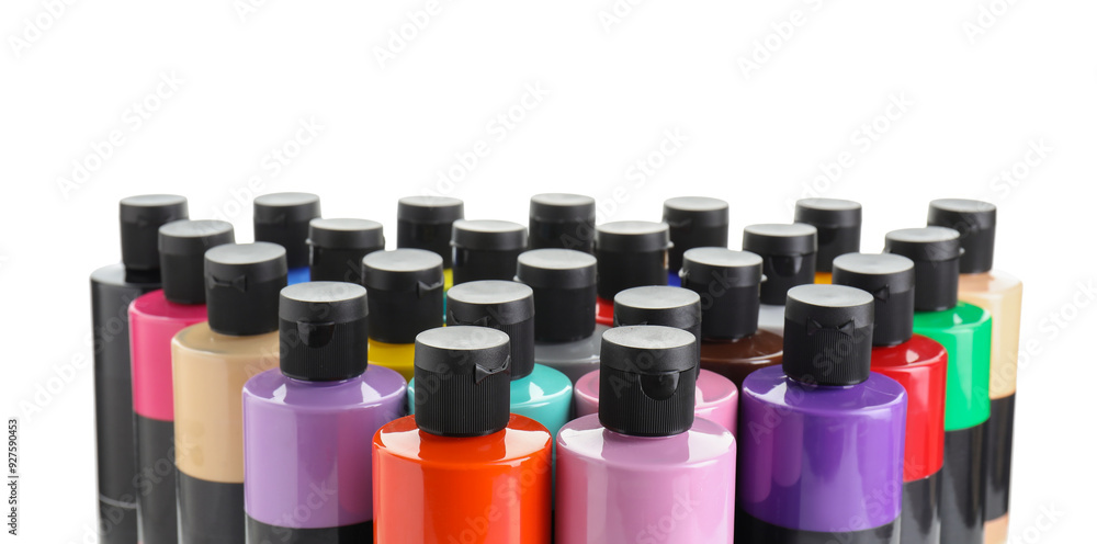 Acrylic paints of different colors in bottles isolated on white Acrylic paints of different colors in bottles isolated on white
