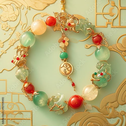 A bracelet made of white jade, olive green and tomato red color gradient beads, styled with a gold pendant which features a cute little horse pattern. photo