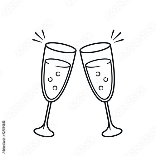 Two Champagne Glasses Clinking Together In Celebration. Vector Doodle Illustration Perfect For Festive Invitations