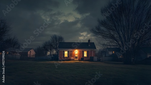 Neighborhood in Darkness with One Brightly Lit House During Power Outage