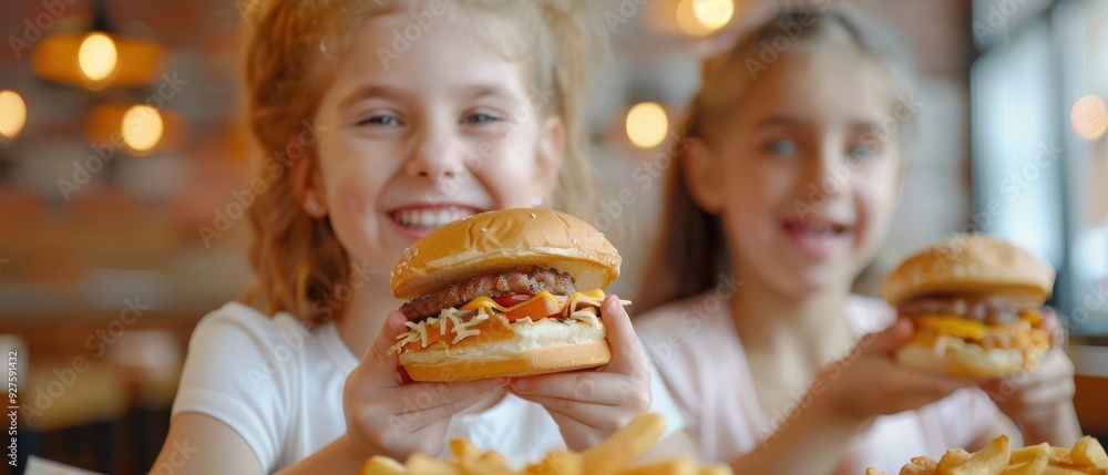 Group of children enjoying a cheeseburger in a lively café, surrounded by friends. Happy childhood moments.