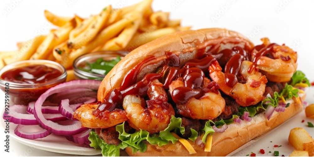 A shrimp sandwich topped with barbecue sauce, accompanied by crispy fries and red onions on the side. A shrimp sandwich topped with barbecue sauce, accompanied by crispy fries and red onions on the side.