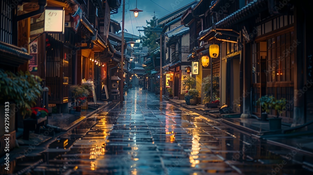 A wet, narrow alleyway in a Japanese city at night with the reflection of streetlights in the puddles. A wet, narrow alleyway in a Japanese city at night with the reflection of streetlights in the puddles.