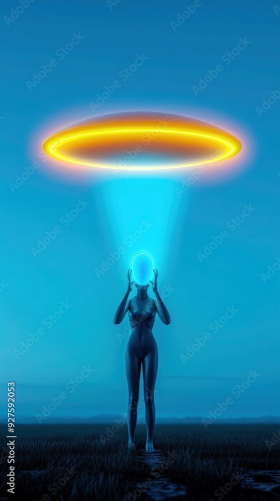 alien hand up UFO yellow neon blue