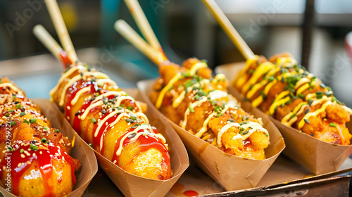 Korean Street Food with Saucy and Crunchy Corn Dogs on Sticks 