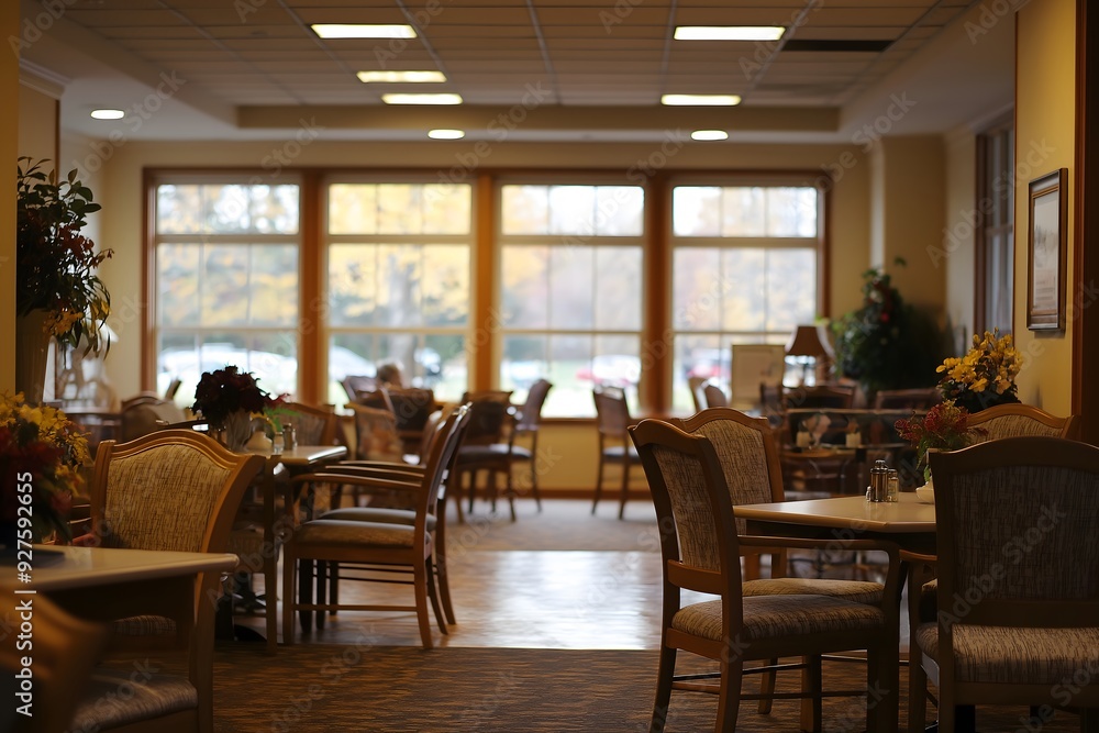 Obraz premium Empty Restaurant Dining Room with Autumn View