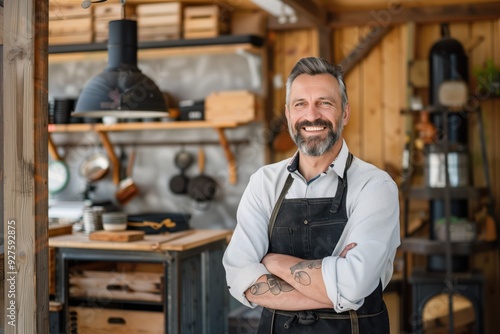 Smiling Chef in Rustic Kitchen