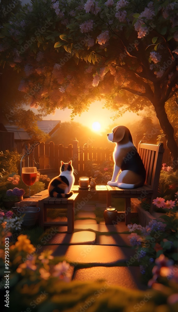 cat and dog at sunset by the beach cat and dog at sunset by the beach