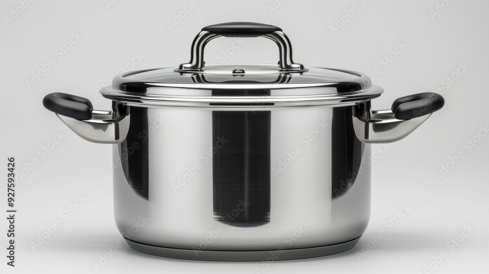 A stainless steel pot with a lid and black handles, perfect for various cooking tasks in the kitchen. A stainless steel pot with a lid and black handles, perfect for various cooking tasks in the kitchen.