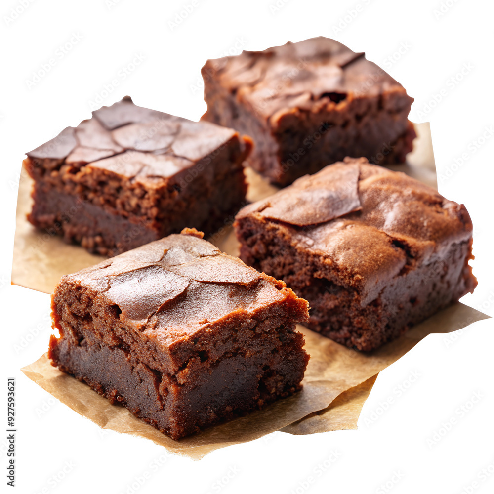 Delicious Chocolate Brownie Pieces on Parchment Paper, isolated on white transparent background, png element