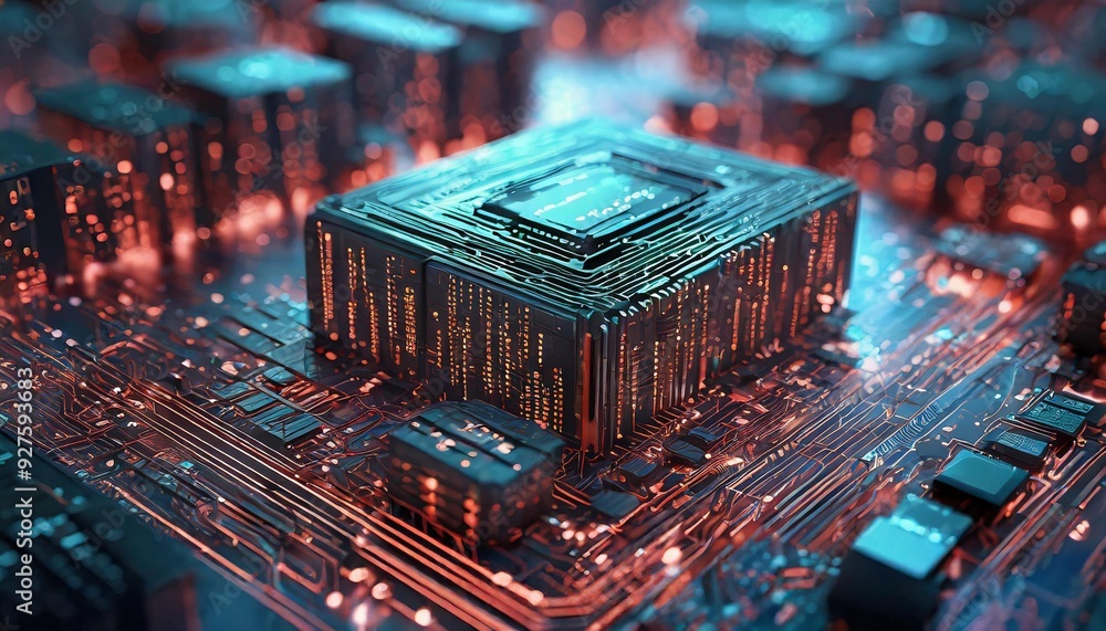Obraz premium Circuit board futuristic server code processing. Red, green, blue technology background with bokeh. 3d rendering AI