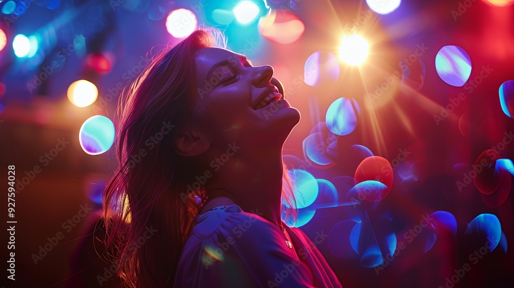 A young woman is silhouetted against a backdrop of brightly coloured blurred lights, laughing happily. A young woman is silhouetted against a backdrop of brightly coloured blurred lights, laughing happily.