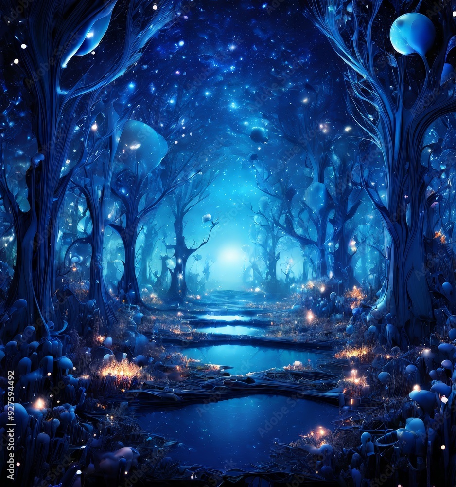 Fototapeta premium forest with lake and lots lights