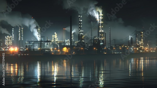 power industry factory night , industry pipeline transport , petrochemical gas oil processing , photorealistic high detail image