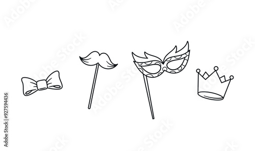 Fun Collection Of Party Props Featuring Bow Tie, Moustache And Masquerade Mask On A Stick And Crown, Vector Illustration
