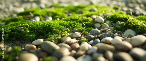 Close-up of green moss growing among smooth river stones. photo