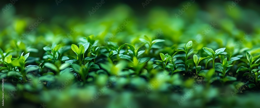 Close-up of green seedlings sprouting in the ground.