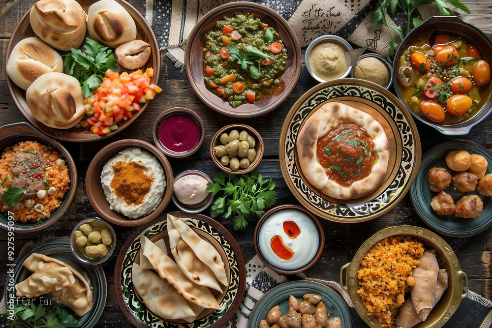 arabic cuisine Middle Eastern traditional lunch, top view arabic cuisine Middle Eastern traditional lunch, top view