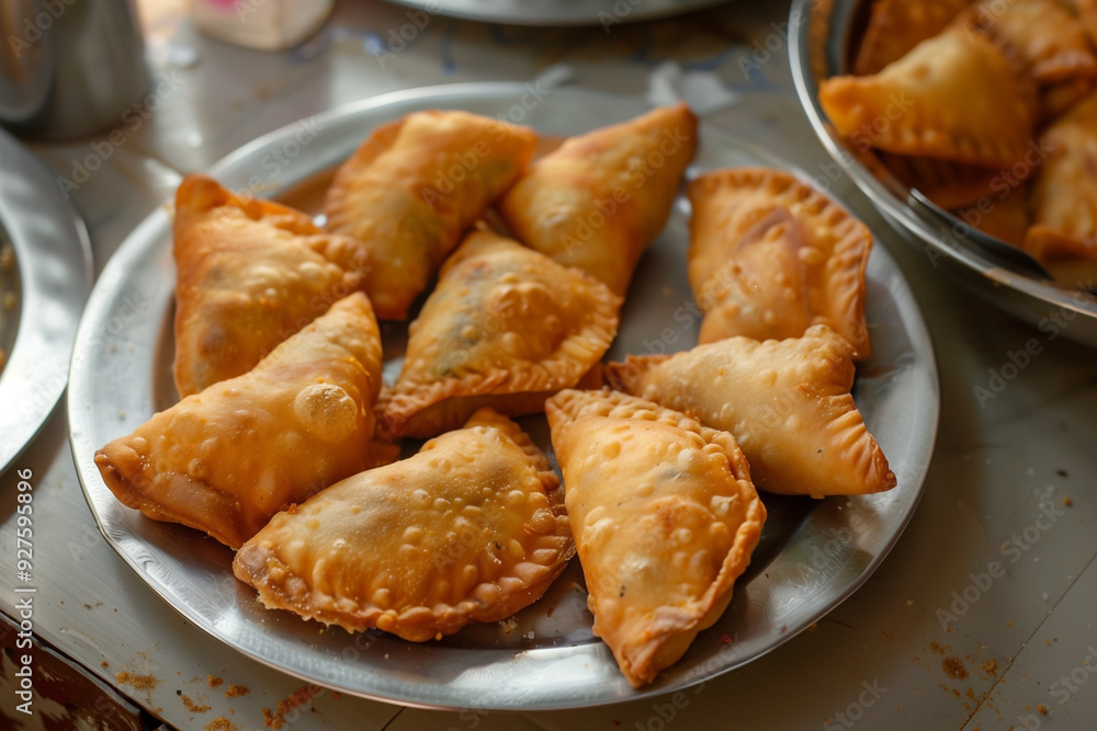 fried samosa on plate, local homemade traditional dinner, selective focus fried samosa on plate, local homemade traditional dinner, selective focus