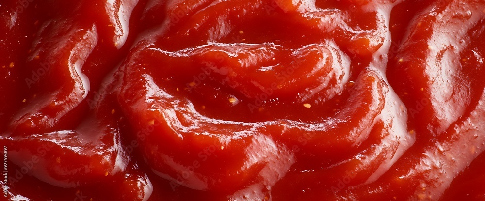 Close-up of red ketchup with seeds and texture. Close-up of red ketchup with seeds and texture.