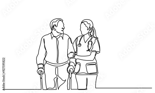 Continuous line drawing of Young nurse helping elderly grandfather. The old man is trying to walk with the assistance of a female doctor. senior care concept
