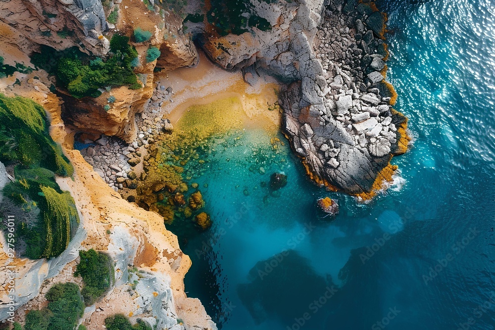 Aerial view of the rocky coast with blue water and greenery, yellow sand in a small natural pool on the cliff edge, rocks. Top down shot of the scene Aerial view of the rocky coast with blue water and greenery, yellow sand in a small natural pool on the cliff edge, rocks. Top down shot of the scene