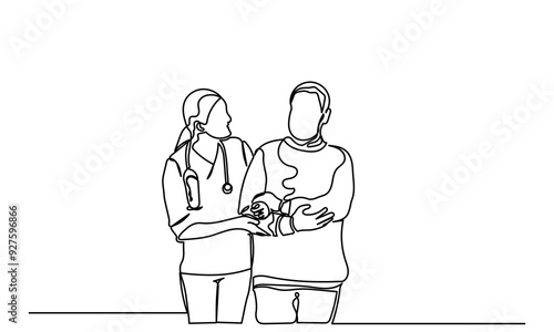 Continuous line drawing of Young nurse helping elderly grandfather. The old man is trying to walk with the assistance of a female doctor. senior care concept
