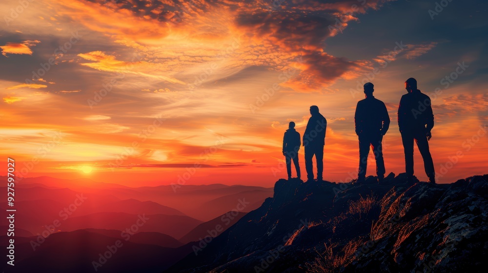 Silhouette of team stand and feel happy on the most hight at the mountain on sunset, success, leader, teamwork, target, Aim, confident, achievement, goal, on plan, finish, generate by AI. Silhouette of team stand and feel happy on the most hight at the mountain on sunset, success, leader, teamwork, target, Aim, confident, achievement, goal, on plan, finish, generate by AI.