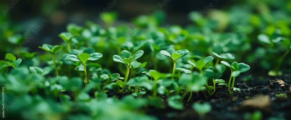 Closeup of tiny green sprouts emerging from the dark soil. Closeup of tiny green sprouts emerging from the dark soil.