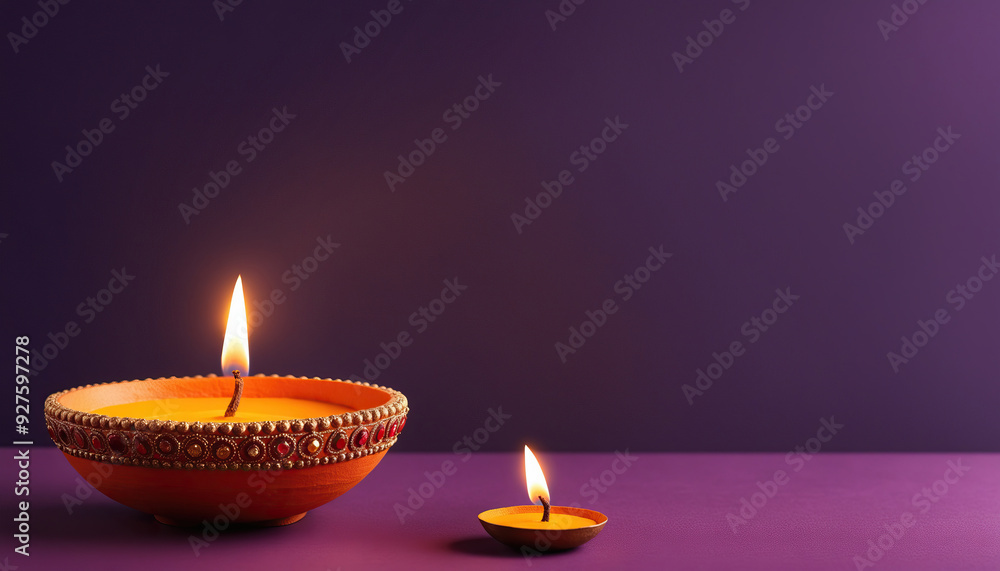 vibrant purple background with two lit traditional earthen diya lamps for diwali celebration hindu culture india copy space for text vibrant purple background with two lit traditional earthen diya lamps for diwali celebration hindu culture india copy space for text