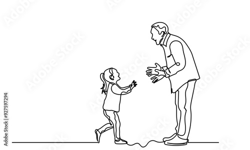 Continuous line drawing of a little girl running toward an elderly man.
single-line art of granddaughter or Elderly grandfather isolated on a white background. 