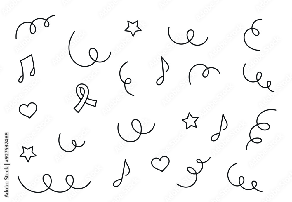 Joyful Illustration Of Birthday Elements With Musical Notes, Hearts, Stars, And Ribbons Isolated On White Background Joyful Illustration Of Birthday Elements With Musical Notes, Hearts, Stars, And Ribbons Isolated On White Background